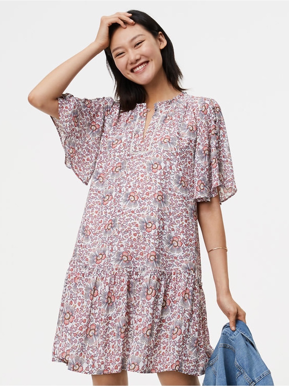 LOFT Floral Short Sleeve Ruffle-Hem Dress in Ivory and Dusty Rose